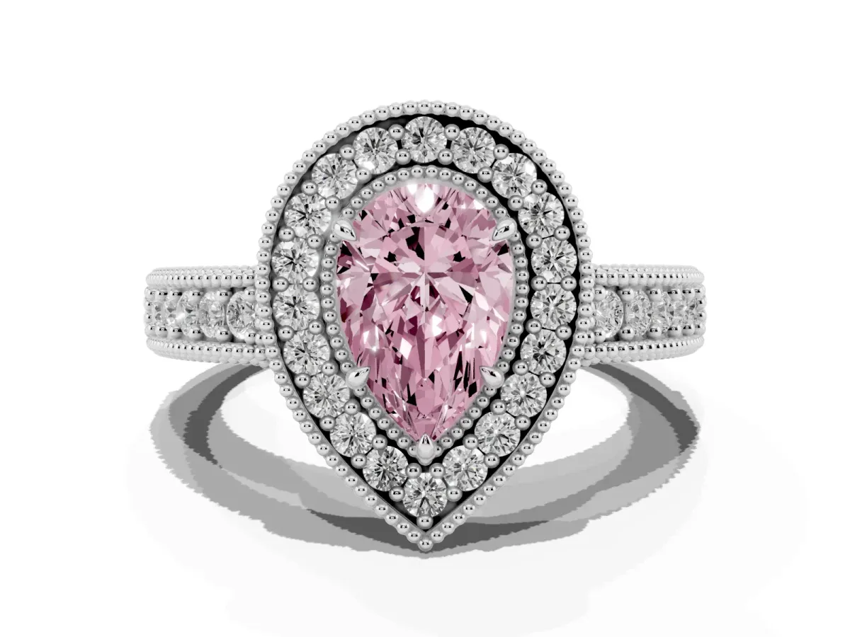 Fancy Pink Pear Cut Cut Halo Diamond Ring with Pavé Band and Four-Prong Setting Silver