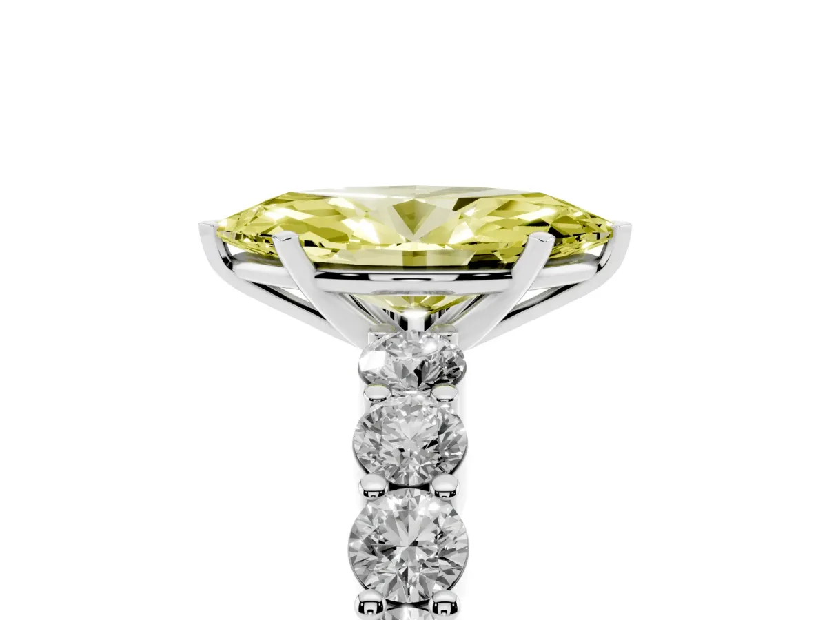 Fancy Yellow Marquise Cut Diamond Solitaire Ring with Shared Prong Round Side Stones Silver