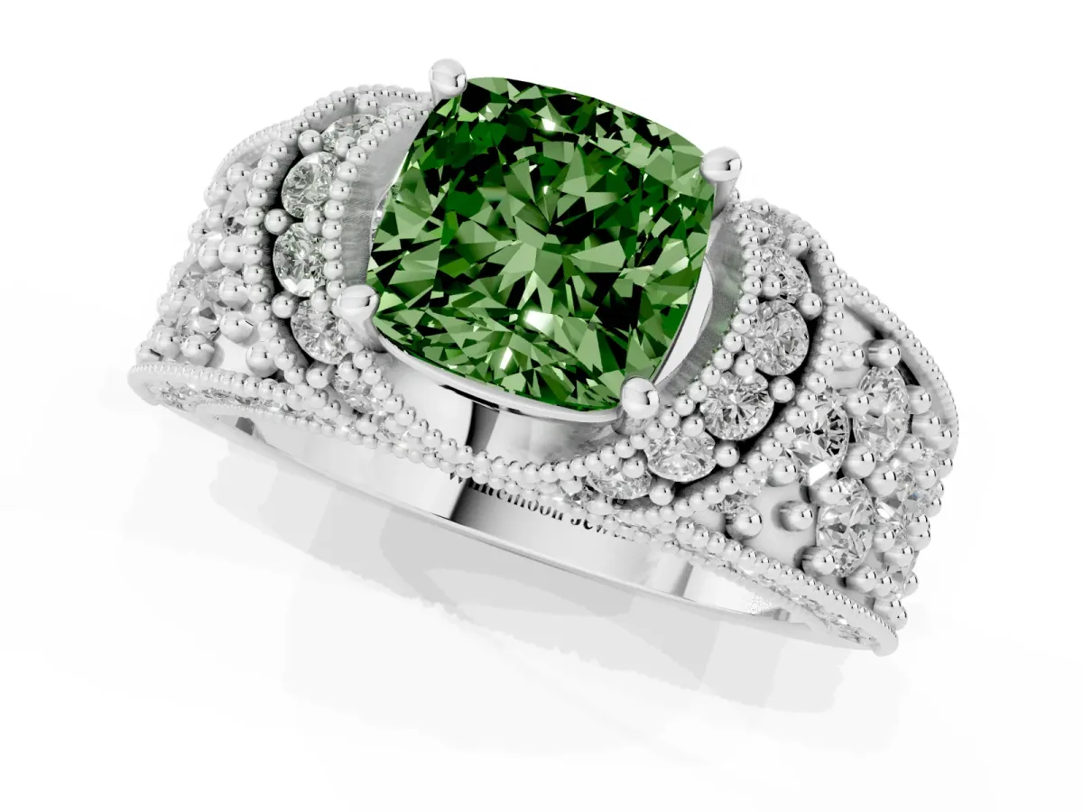 Fancy Green Cushion Cut Halo Pave Diamond Engagement Ring with Milgrain Detailing Silver