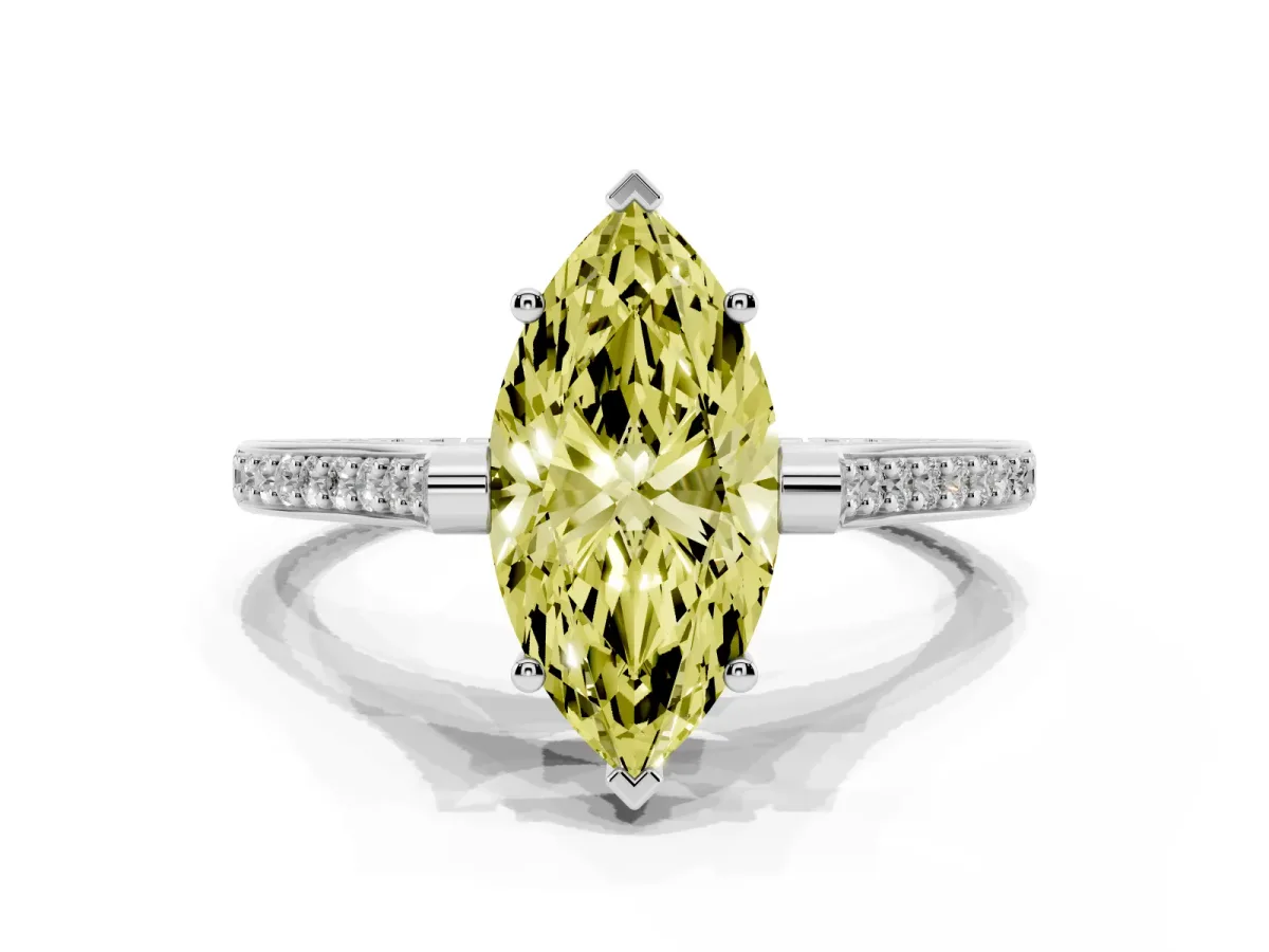 Fancy Yellow Marquise Cut Solitaire Diamond Ring with Channel Set Band and Bezel Prong Setting Platinum