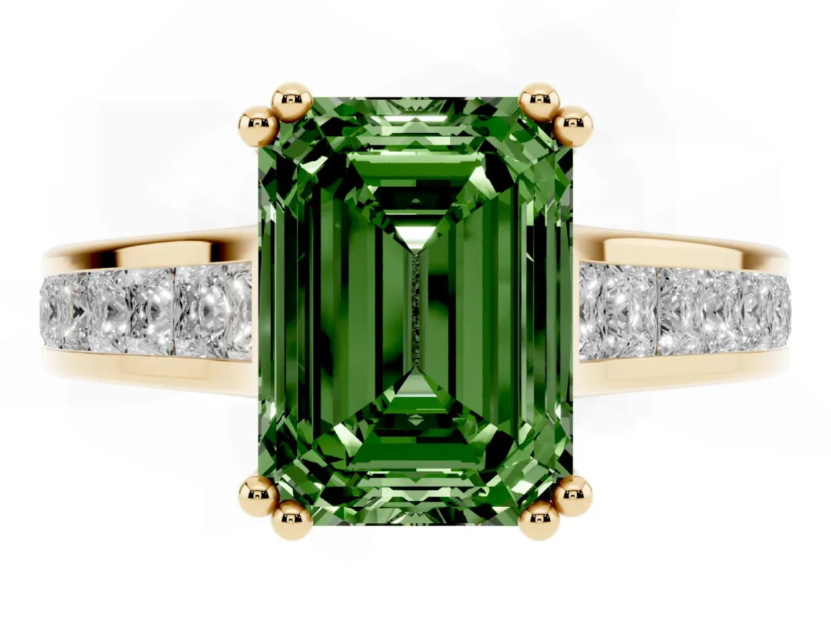 Fancy Green Emerald Cut Cut Channel Set Solitaire Engagement Ring with Prong Setting Yellow gold