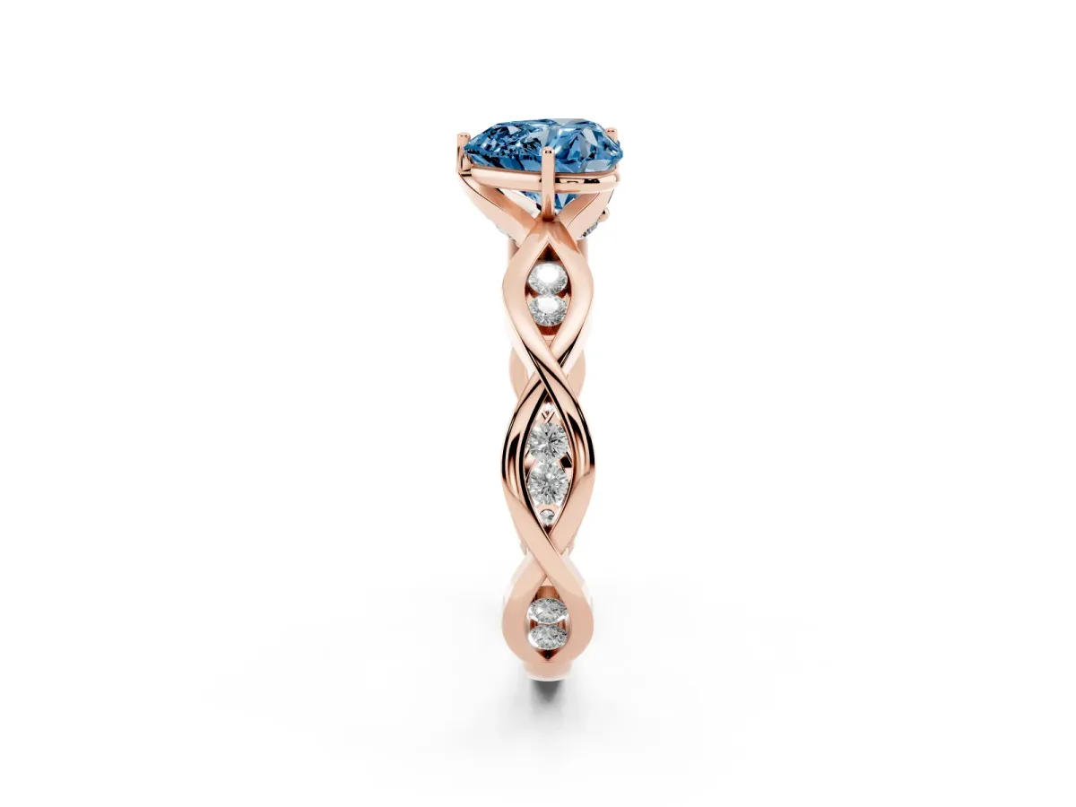 Fancy Blue Heart Cut Solitaire Twist Band with Leaf Prong Setting Rose gold