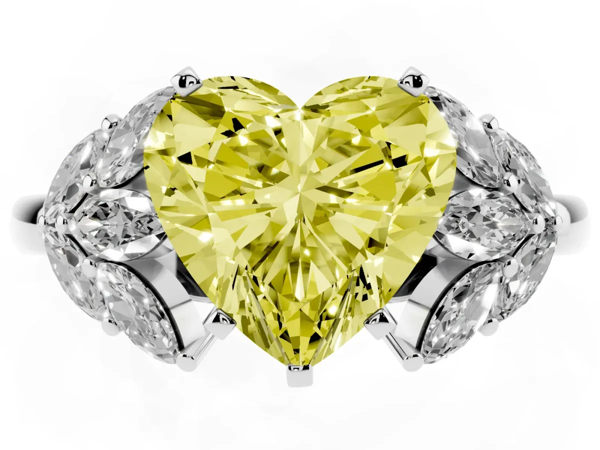 Fancy Yellow Heart Cut Diamond Cluster Leaf Design Ring with Prong Setting Silver