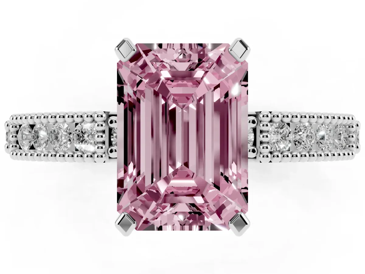 Fancy Pink Emerald Cut Solitaire with Pavé Band and Four-Prong Setting Silver