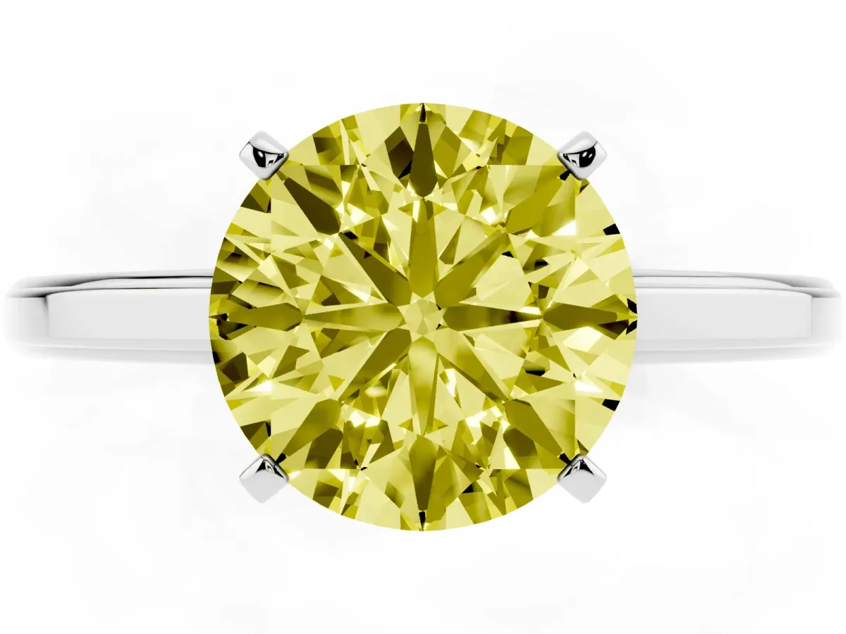 Fancy Yellow Round Cut Solitaire Diamond Ring with Four-Prong Setting and Classic Band Platinum