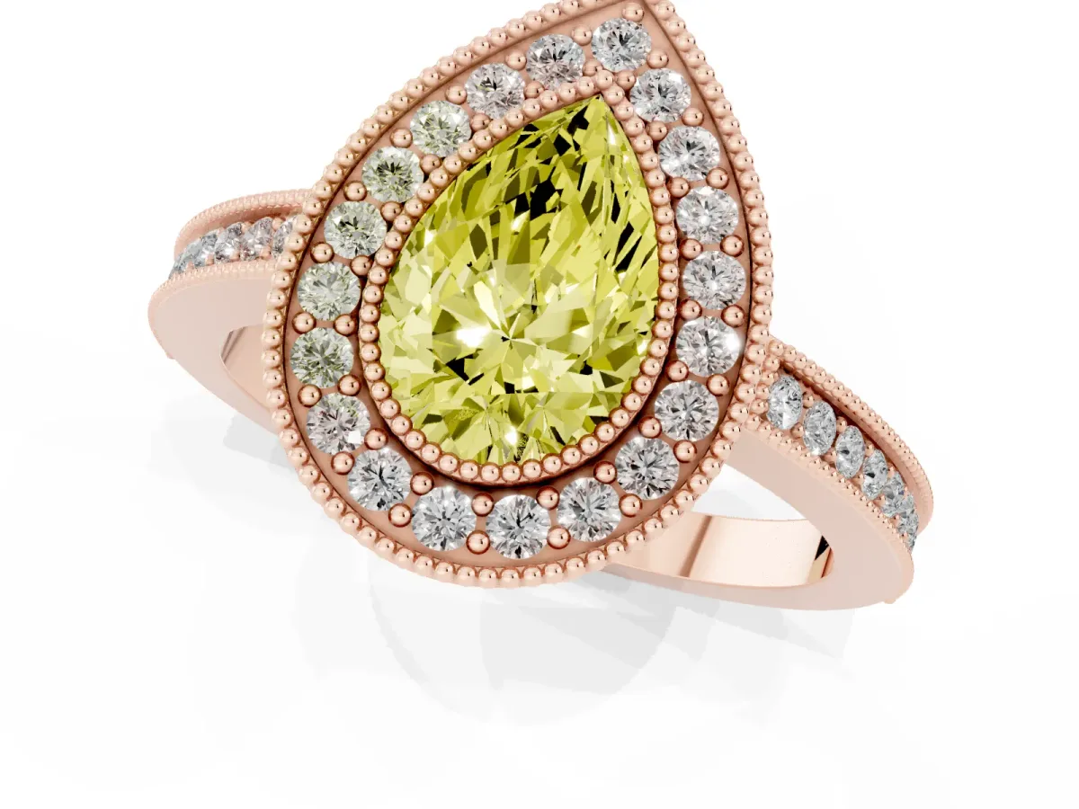 Fancy Yellow Pear Cut Cut Halo Diamond Ring with Pavé Band and Milgrain Prong Setting Rose gold