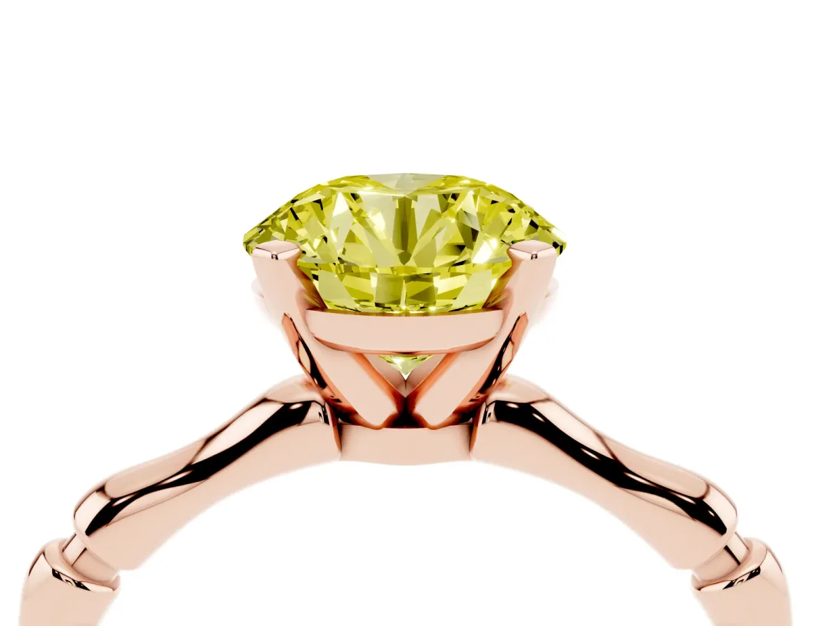 Fancy Yellow Round Cut Solitaire Diamond Ring with Bamboo Band and Four-Prong Setting Rose gold