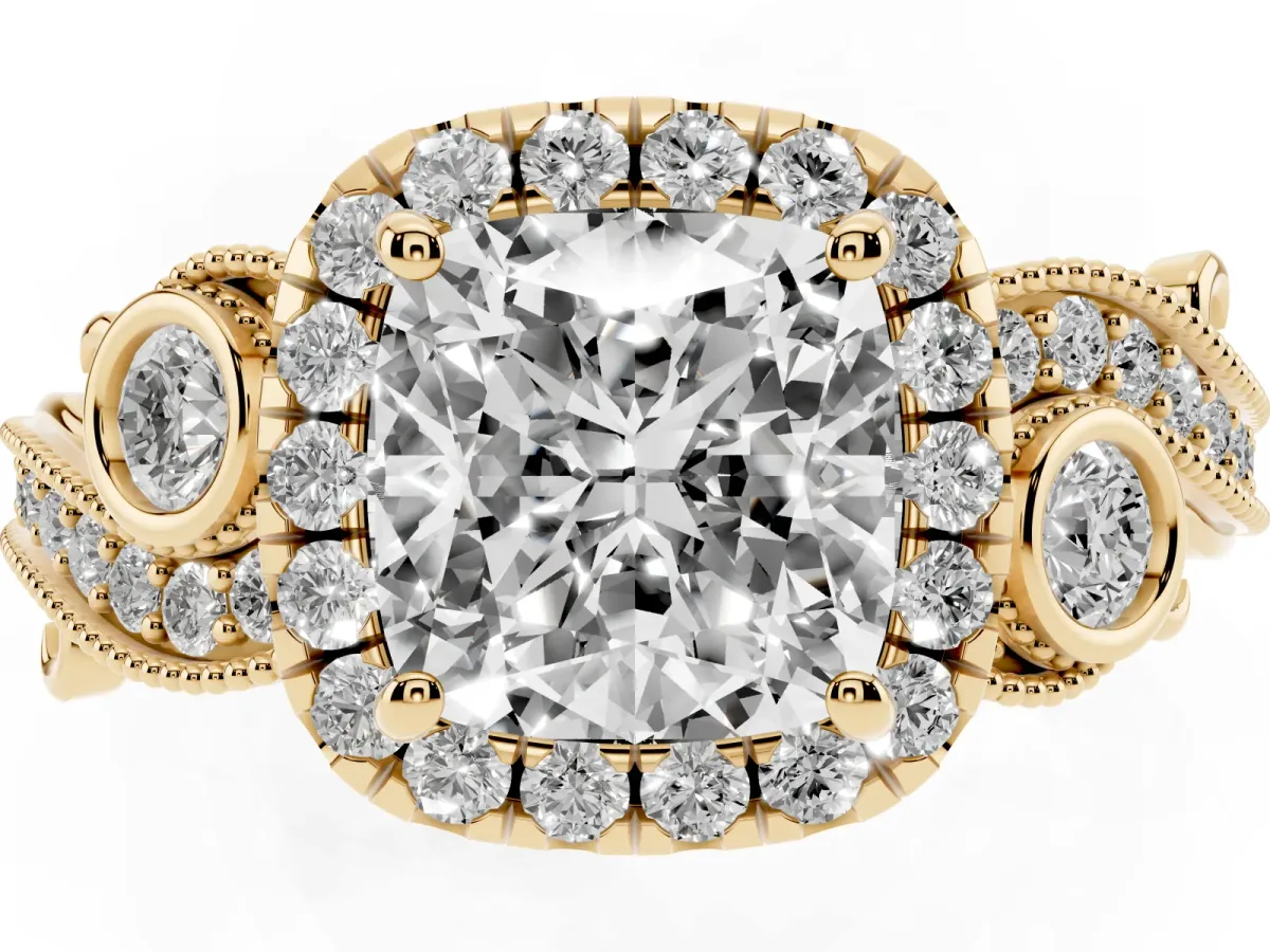Cushion Cut Diamond Halo Ring with Milgrain Pavé Band and Four-Prong Setting Yellow gold