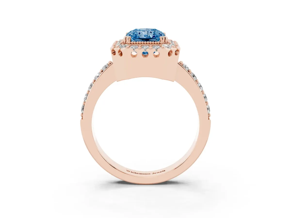 Fancy Blue Radiant Cut Diamond Halo Ring with Pavé Band and Prong Setting Rose gold