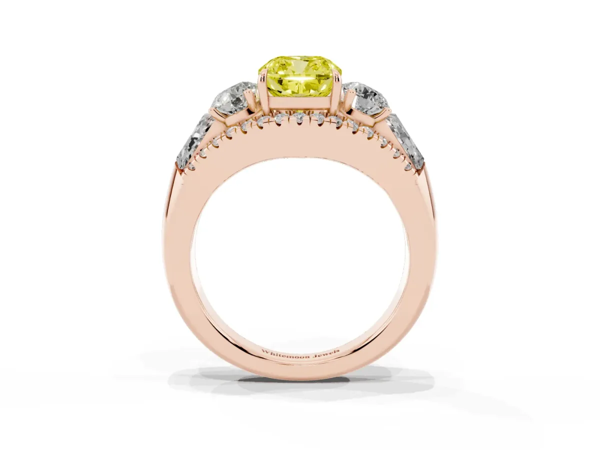 Fancy Yellow Three-Stone Cushion Cut Diamond Engagement Ring with Pave Band and Prong Setting Rose gold