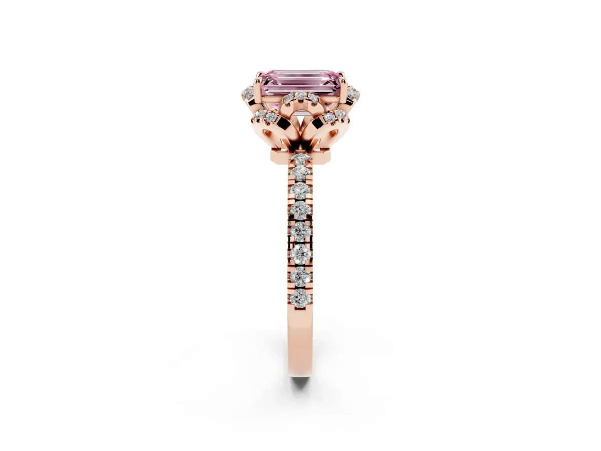 Fancy Pink Emerald Cut Diamond Halo Pave Band with Four-Prong Setting Rose gold