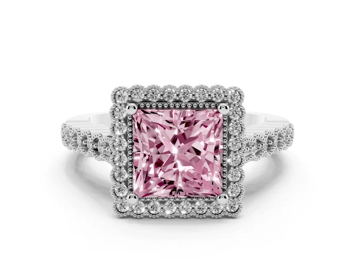 Fancy Pink Princess Cut Cut Halo Pavé Solitaire Ring with Milgrain Band White gold
