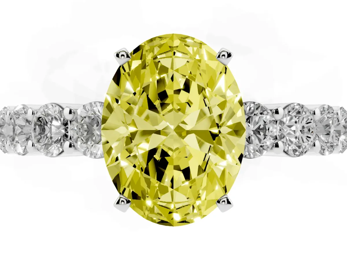Fancy Yellow Oval Cut Diamond Solitaire Ring with Shared Prong Round Side Stones Silver