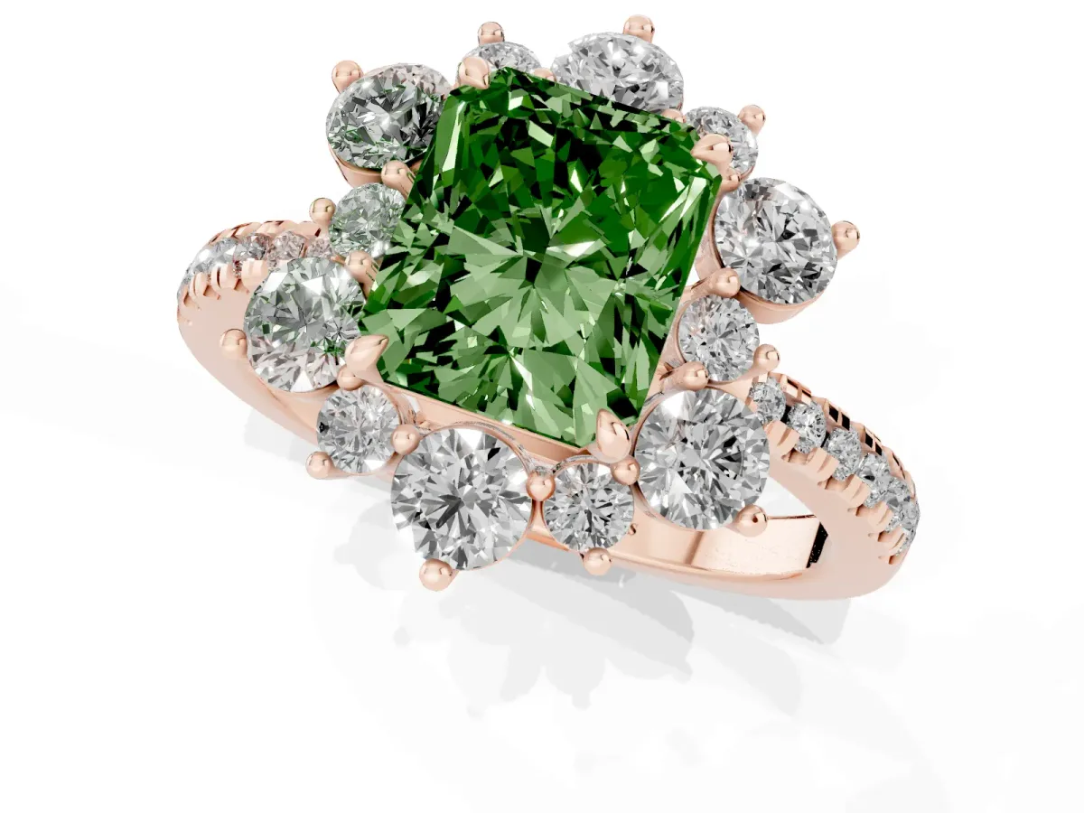 Fancy Green Radiant Cut Diamond Floral Halo Ring with Round Pavé Band and Prong Setting Rose gold