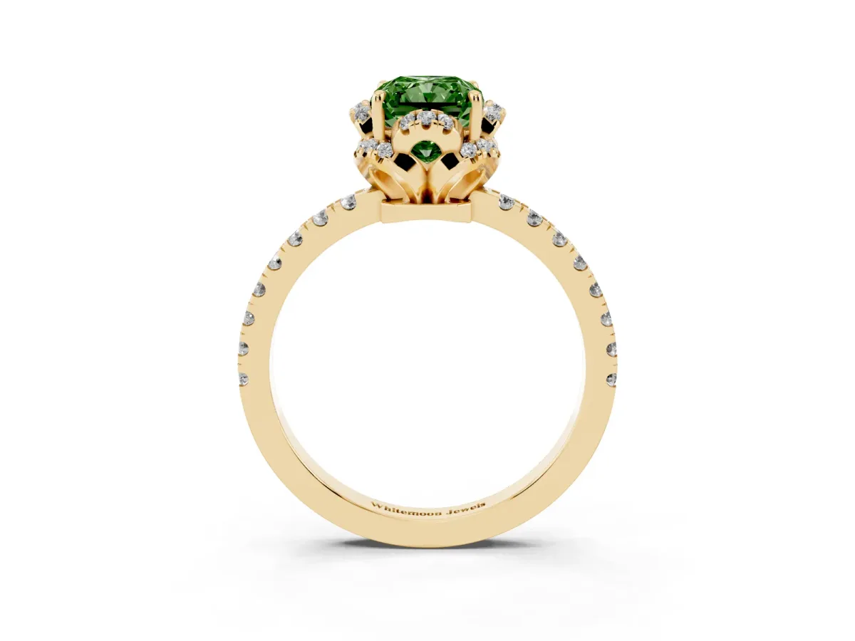 Fancy Green Radiant Cut Diamond Halo Pave Band with Four-Prong Setting Yellow gold
