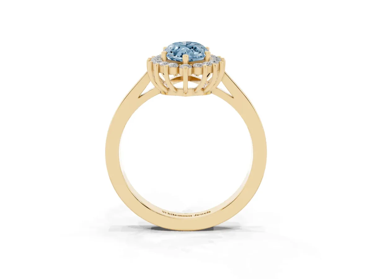 Fancy Blue Marquise Cut Cut Diamond Halo Ring with Round Brilliant Halo and Solitaire Band Yellow gold
