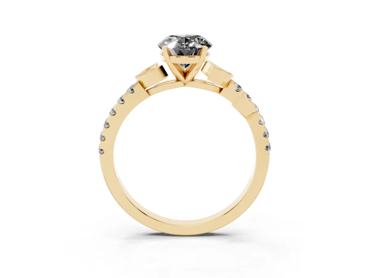 Fancy Black Oval Cut Solitaire Leaf-Inspired Diamond Ring with Pavé Band and Four-Prong Setting Yellow gold