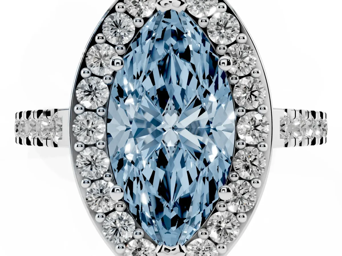 Fancy Blue Marquise Cut Diamond Halo Ring with Round Pavé Split Shank and Prong Setting Silver