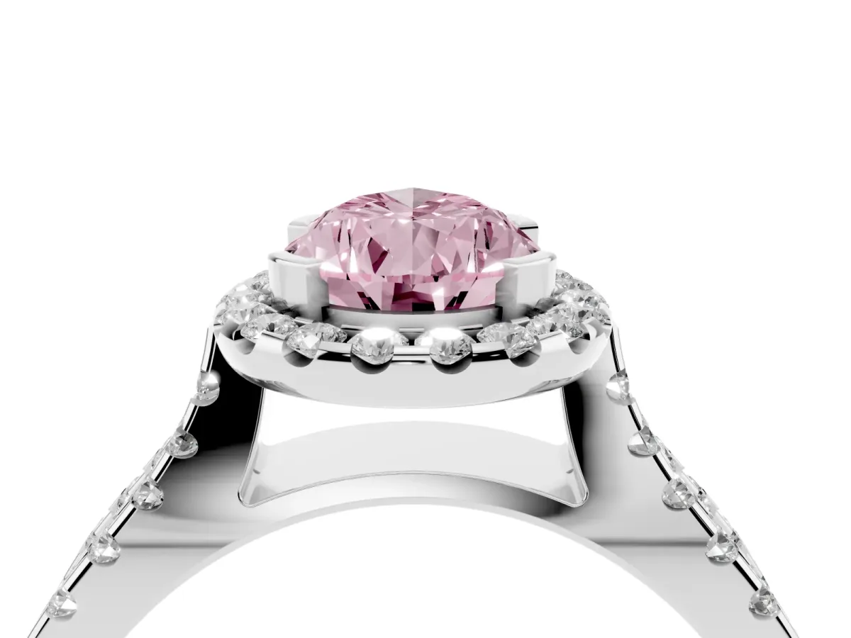 Fancy Pink Pear Cut Diamond Halo Ring with Split Shank Pavé Band and Prong Setting Silver