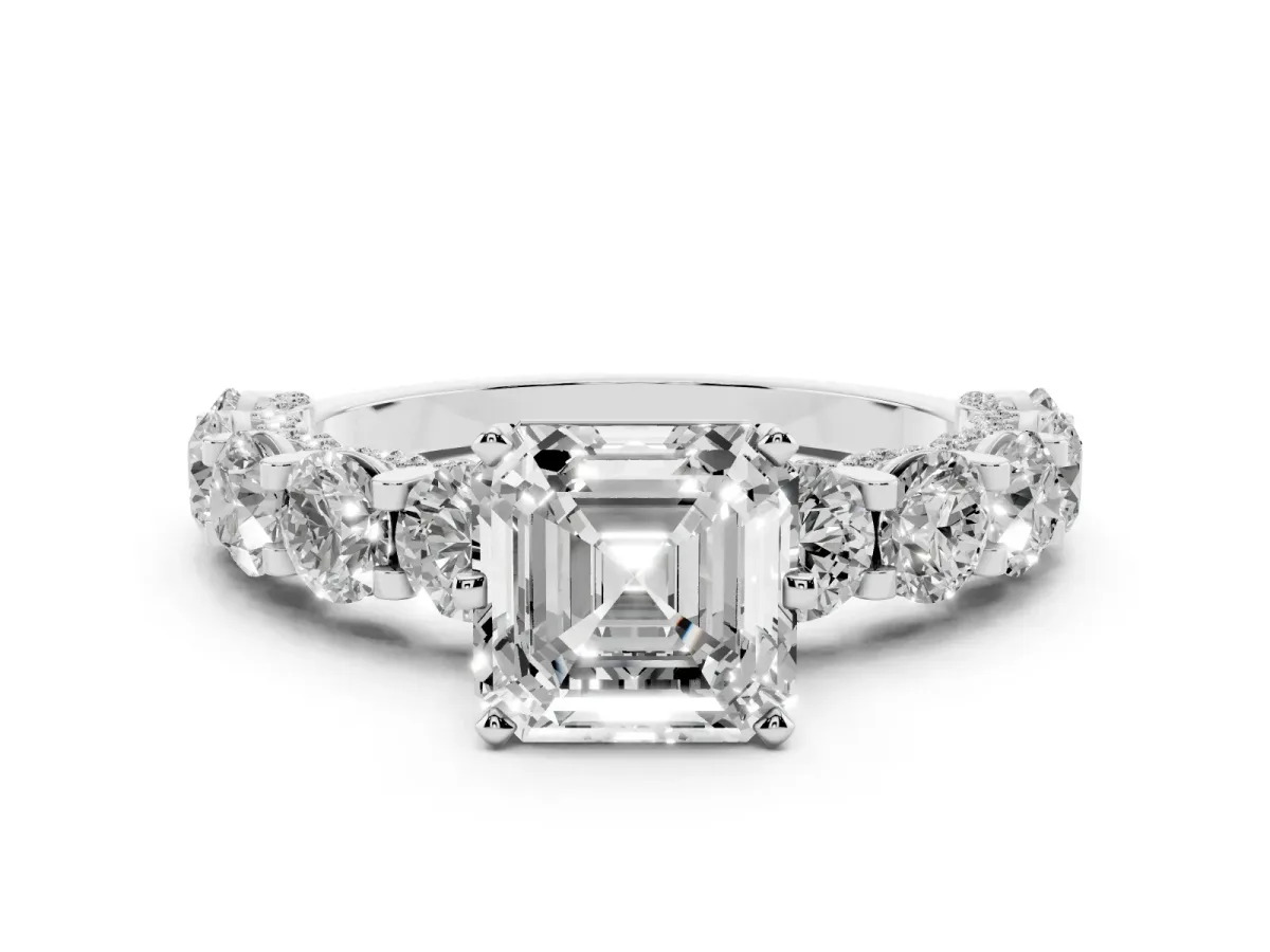 Asscher Cut Diamond Side Stone Engagement Ring with Four-Prong Setting White gold