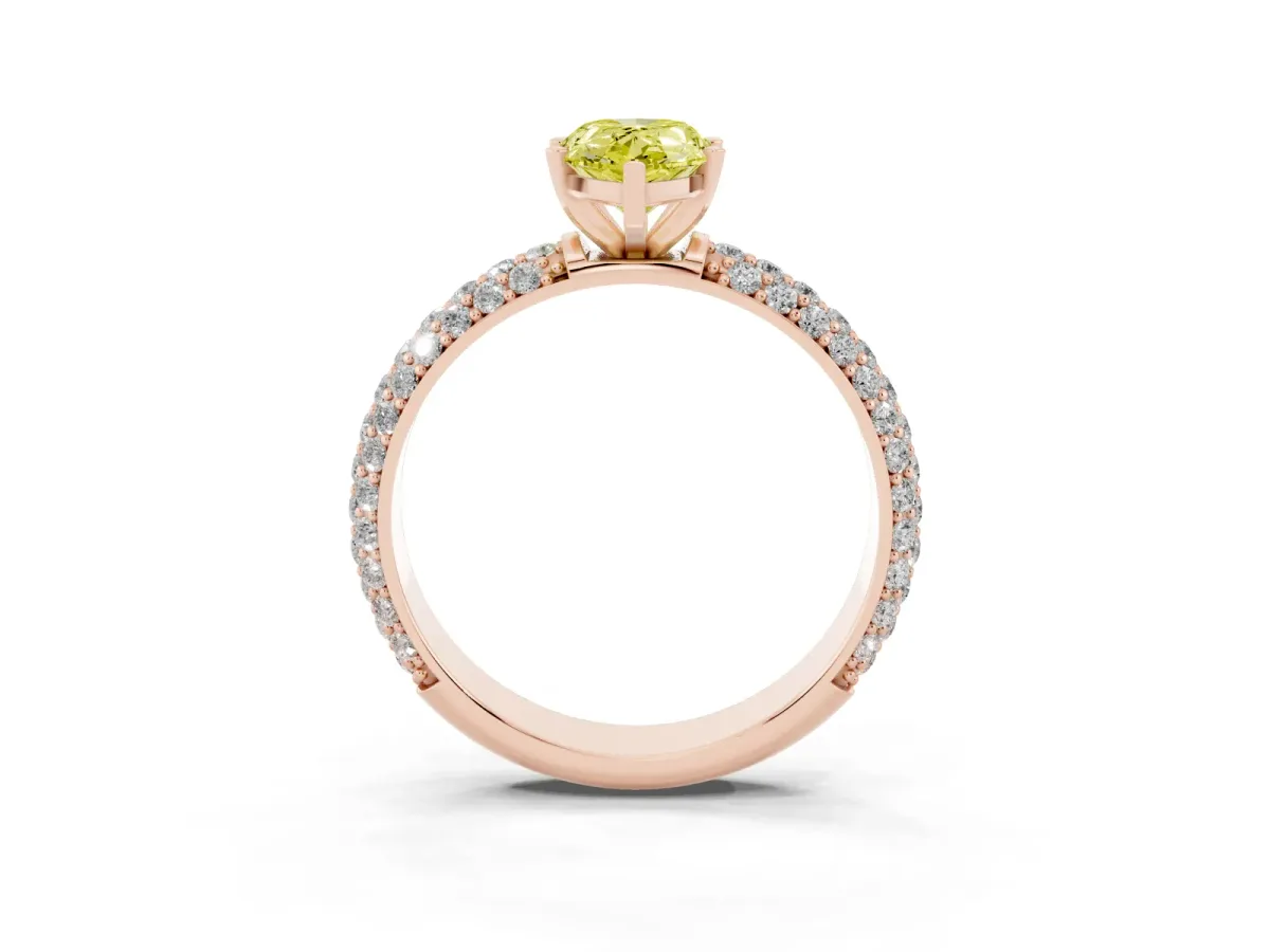 Fancy Yellow Pear Cut Diamond Solitaire Ring with Prong Setting and Pavé Band Rose gold
