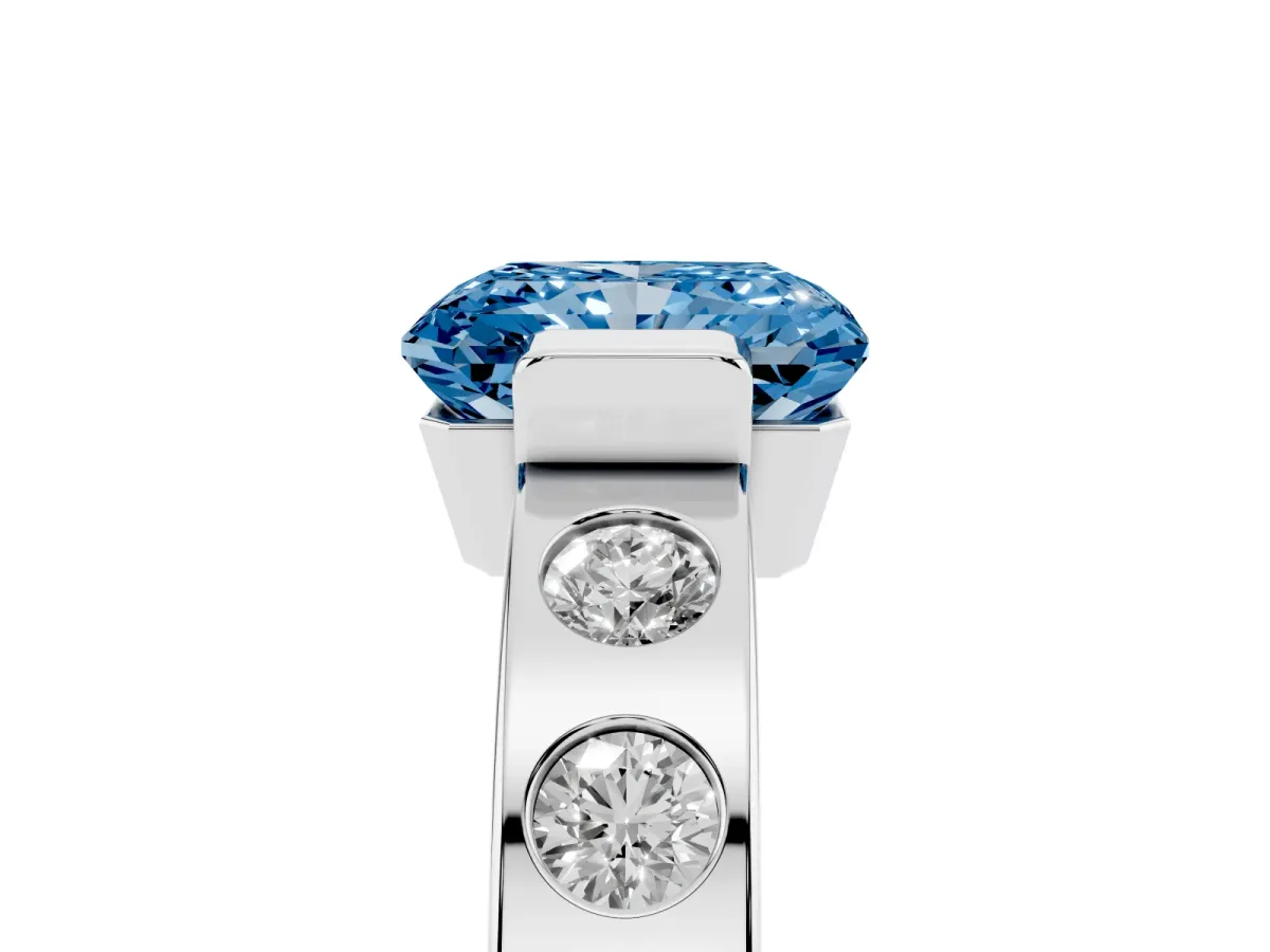 Fancy Blue Radiant Cut Brilliant Channel-Set Diamond Ring with Bezel Prong Setting Silver
