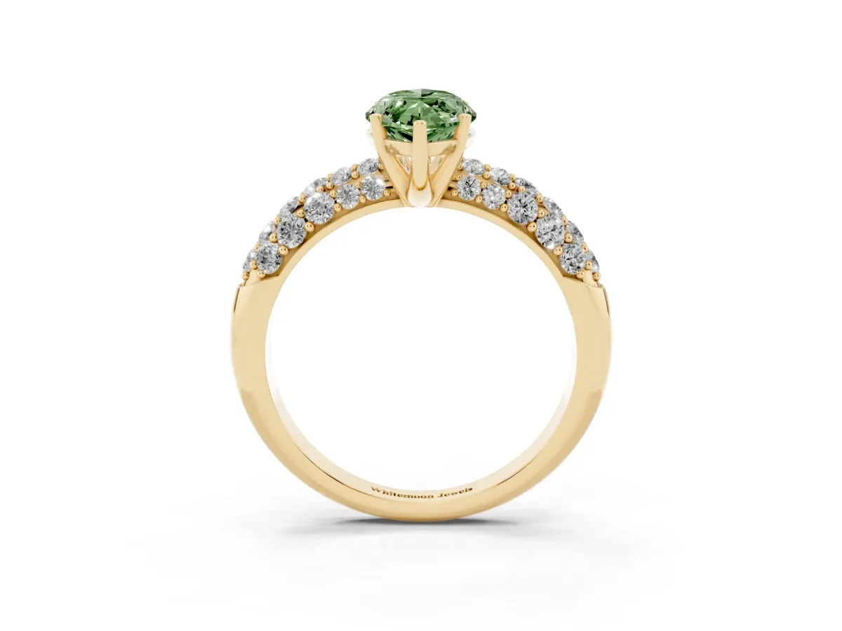 Fancy Green Marquise Cut Diamond Pavé Band Solitaire Ring with Four-Prong Setting Yellow gold