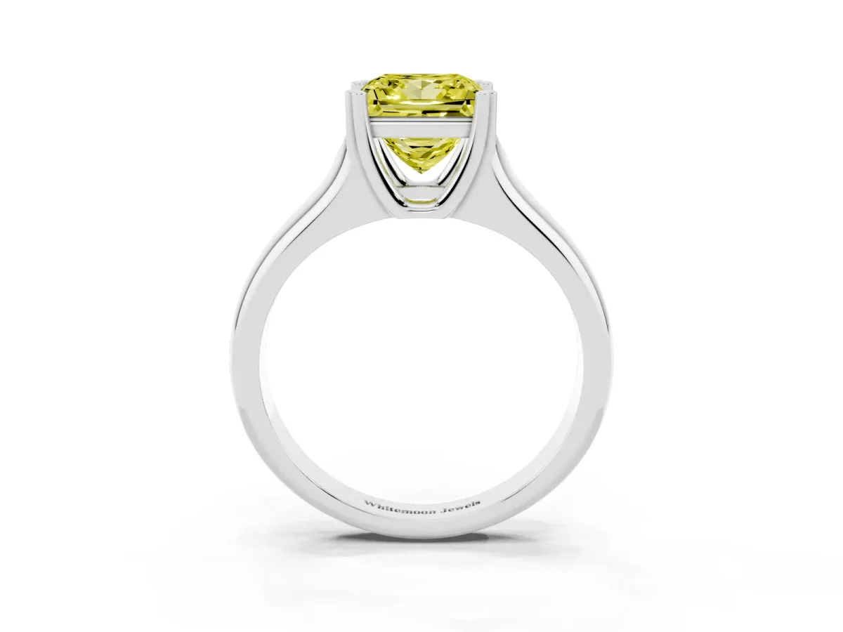 Fancy Yellow Princess Cut Diamond Solitaire Ring with Wide Band and Prong Setting Platinum