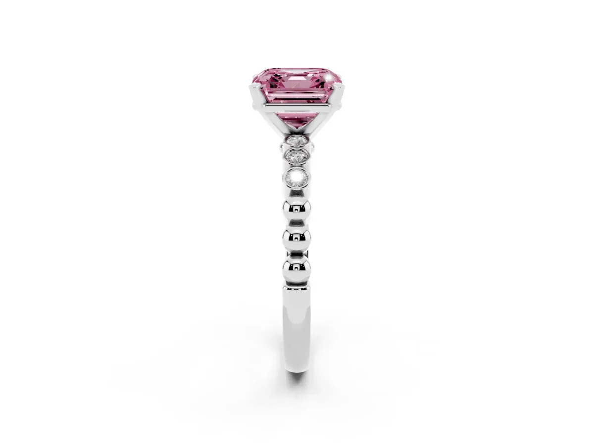 Fancy Pink Asscher Cut Solitaire Bezel Accent Diamond Engagement Ring with Beaded Band and Four-Prong Setting White gold