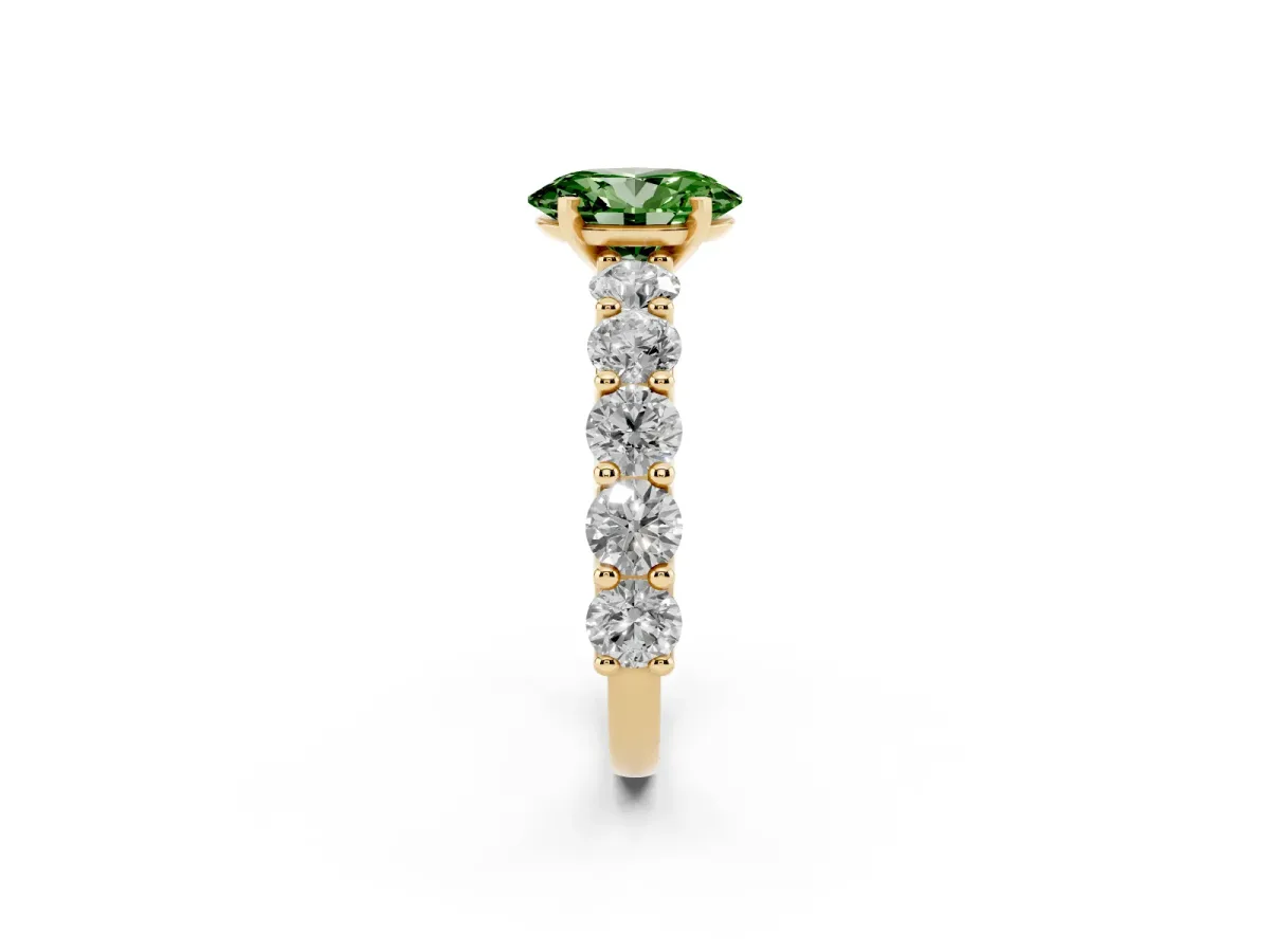 Fancy Green Oval Cut Diamond Prong Setting with Side Stones on a Pave Band Yellow gold