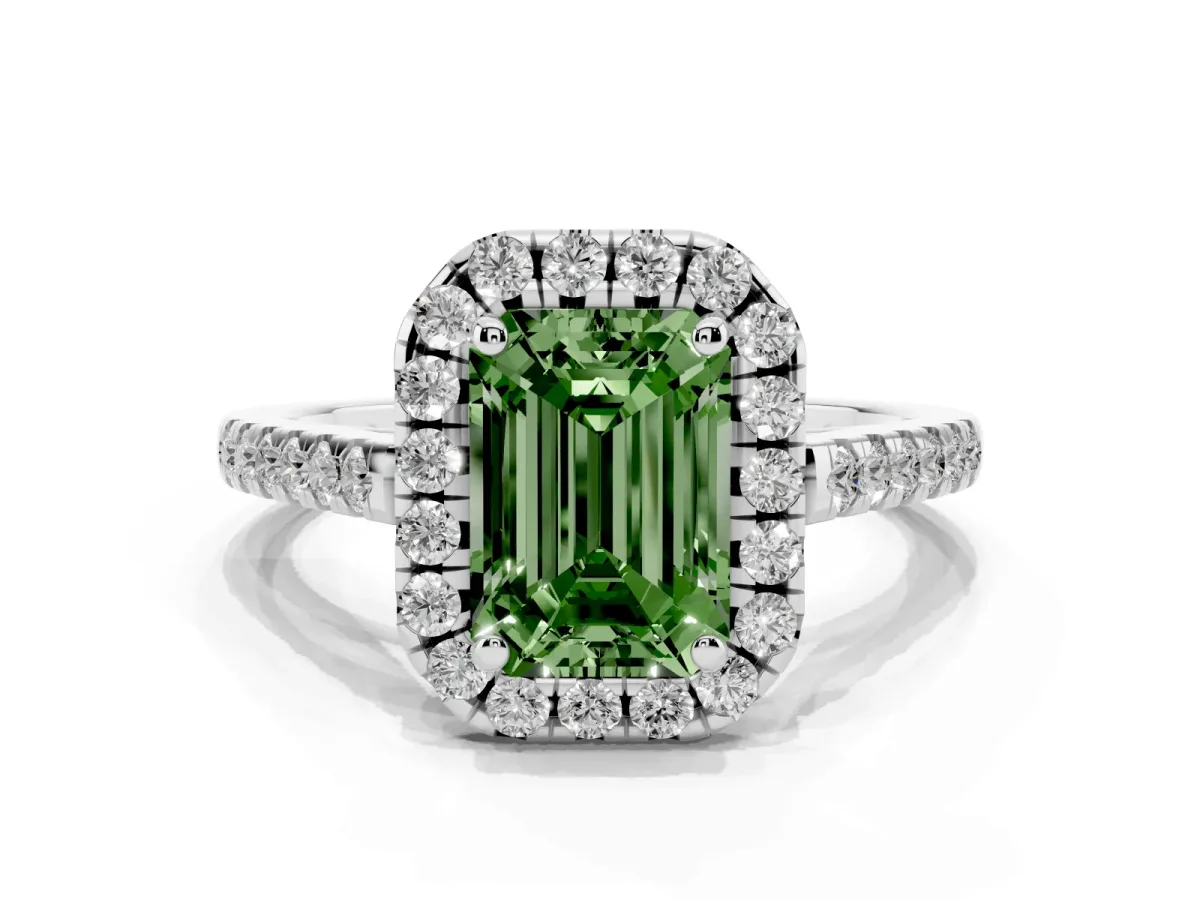 Fancy Green Emerald Cut Halo Pavé Diamond Engagement Ring with Four-Prong Setting Silver
