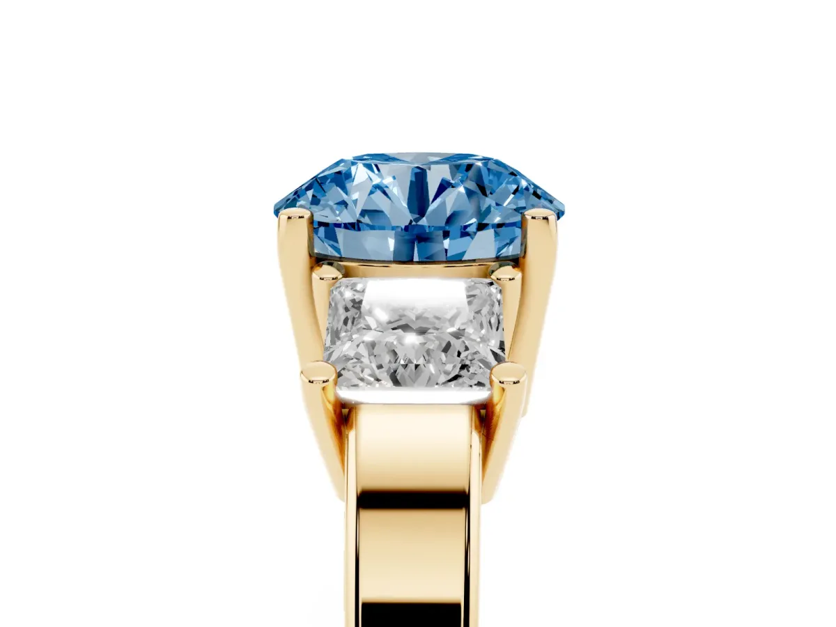 Fancy Blue Three-Stone Round Cut Cut Solitaire Ring with Prong Setting Yellow gold