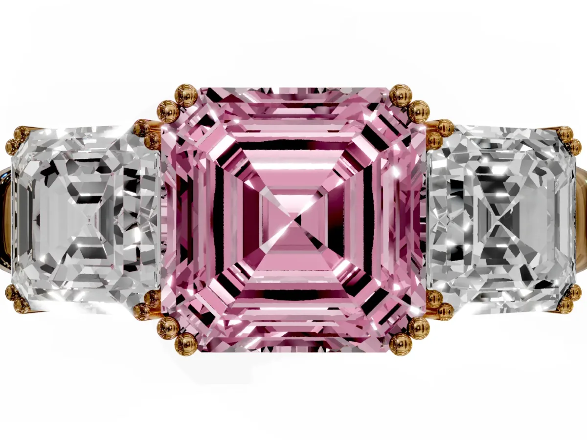 Fancy Pink Three-Stone Asscher Cut Cut Diamond Ring with Channel Set Band and Four-Prong Setting Yellow gold
