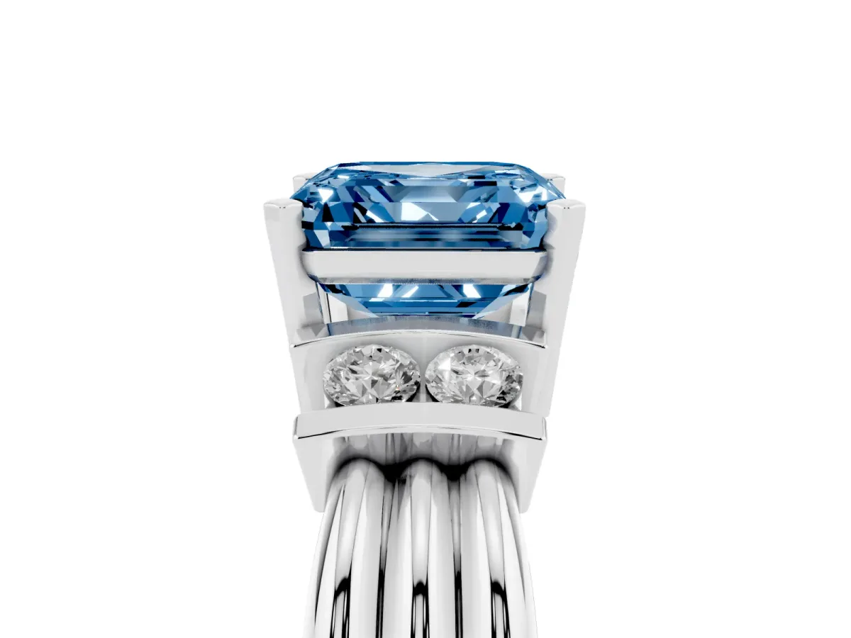 Fancy Blue Asscher Cut Cut Three-Stone Channel Set Ring with Bar Prongs Silver