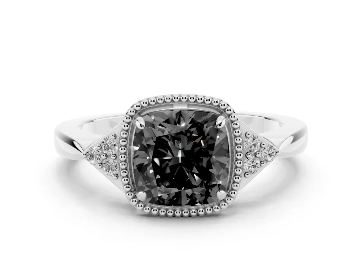 Fancy Black Hexagonal Halo Cushion Cut Diamond Solitaire with Pavé Band and Four-Prong Setting Silver