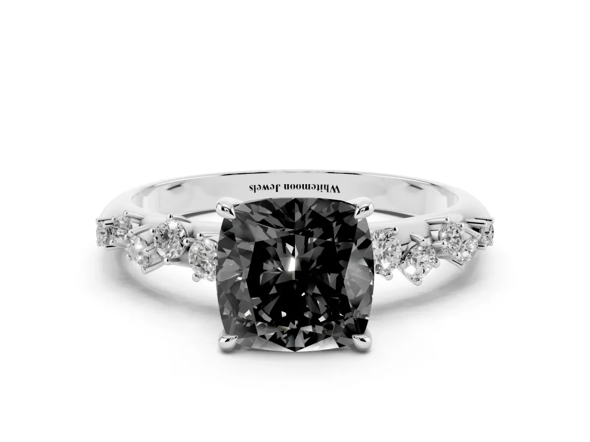 Fancy Black Cushion Cut Diamond Cluster Side Stone Solitaire Ring with Prong Setting Platinum