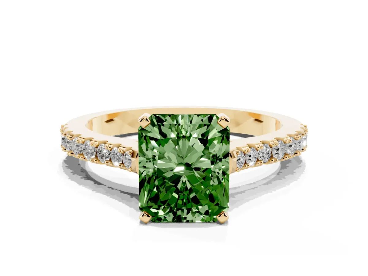 Fancy Green Radiant Cut Cut Solitaire Diamond Engagement Ring with Pave Band and Four-Prong Setting Yellow gold
