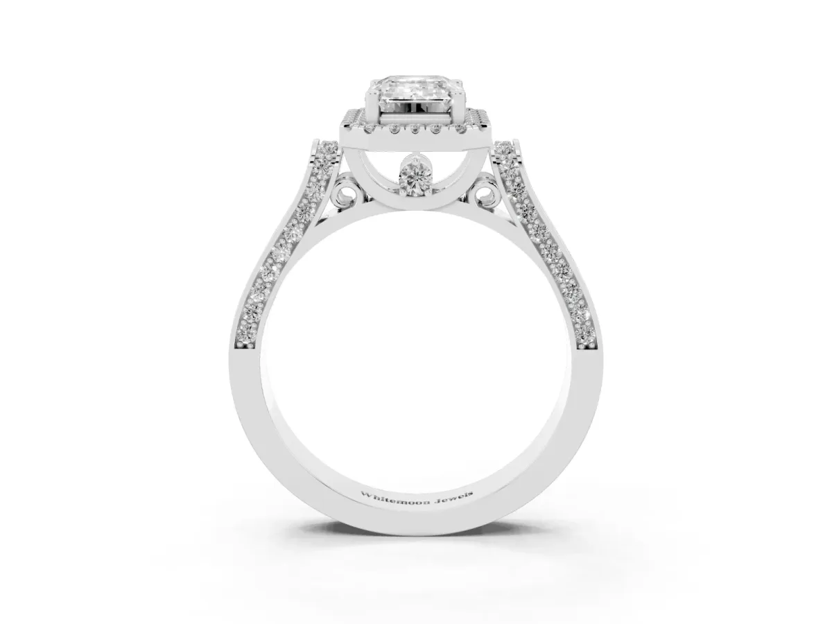 Emerald Cut Halo Round Diamond Twist Band with Four-Prong Setting Silver