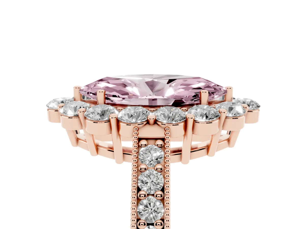 Fancy Pink Marquise Cut Cut Halo Diamond Pavé Engagement Ring with Milgrain Detailing Rose gold