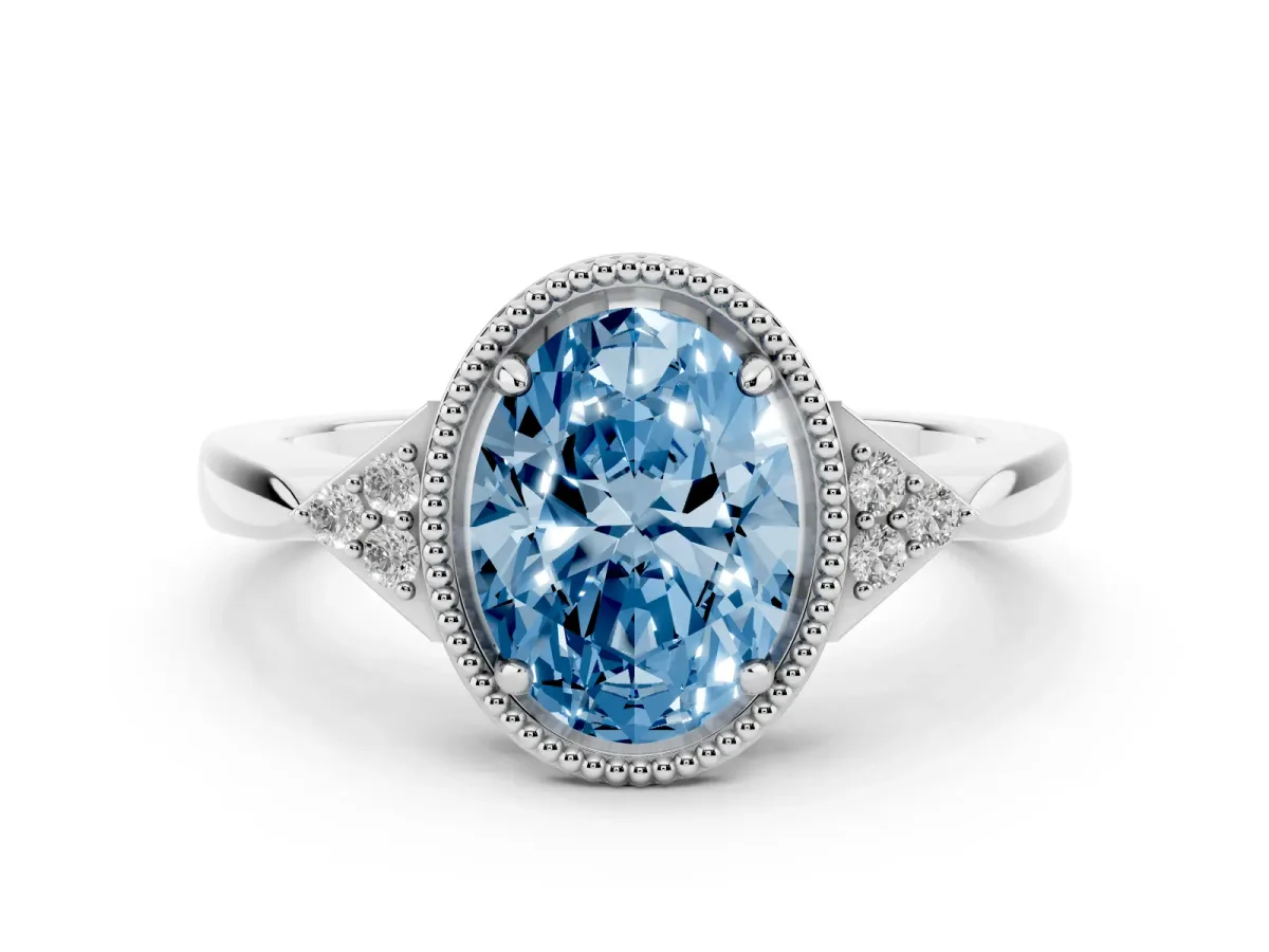 Fancy Blue Oval Cut Diamond Halo Ring with Tapered Band and Four-Prong Setting Platinum