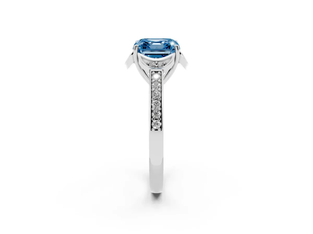 Fancy Blue Asscher Cut Cut Halo Diamond Ring with Channel Set Band and Four-Prong Setting Silver