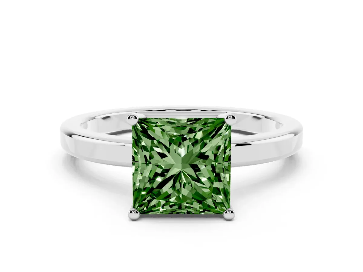 Fancy Green Princess Cut Cut Solitaire Engagement Ring with Four-Prong Setting on a Classic Band Silver
