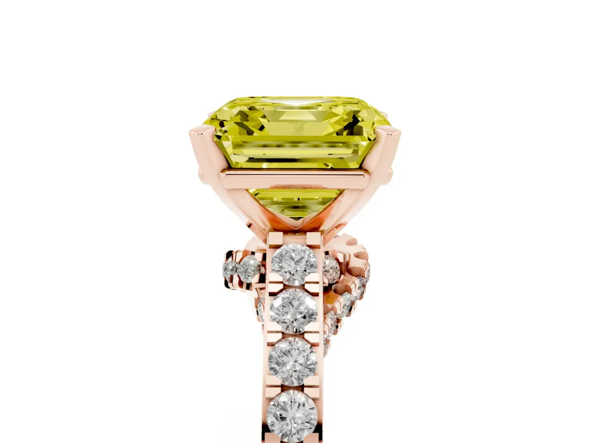 Fancy Yellow Asscher Cut Diamond Solitaire Ring with Crossover Gallery and Round Pavé Band Rose gold