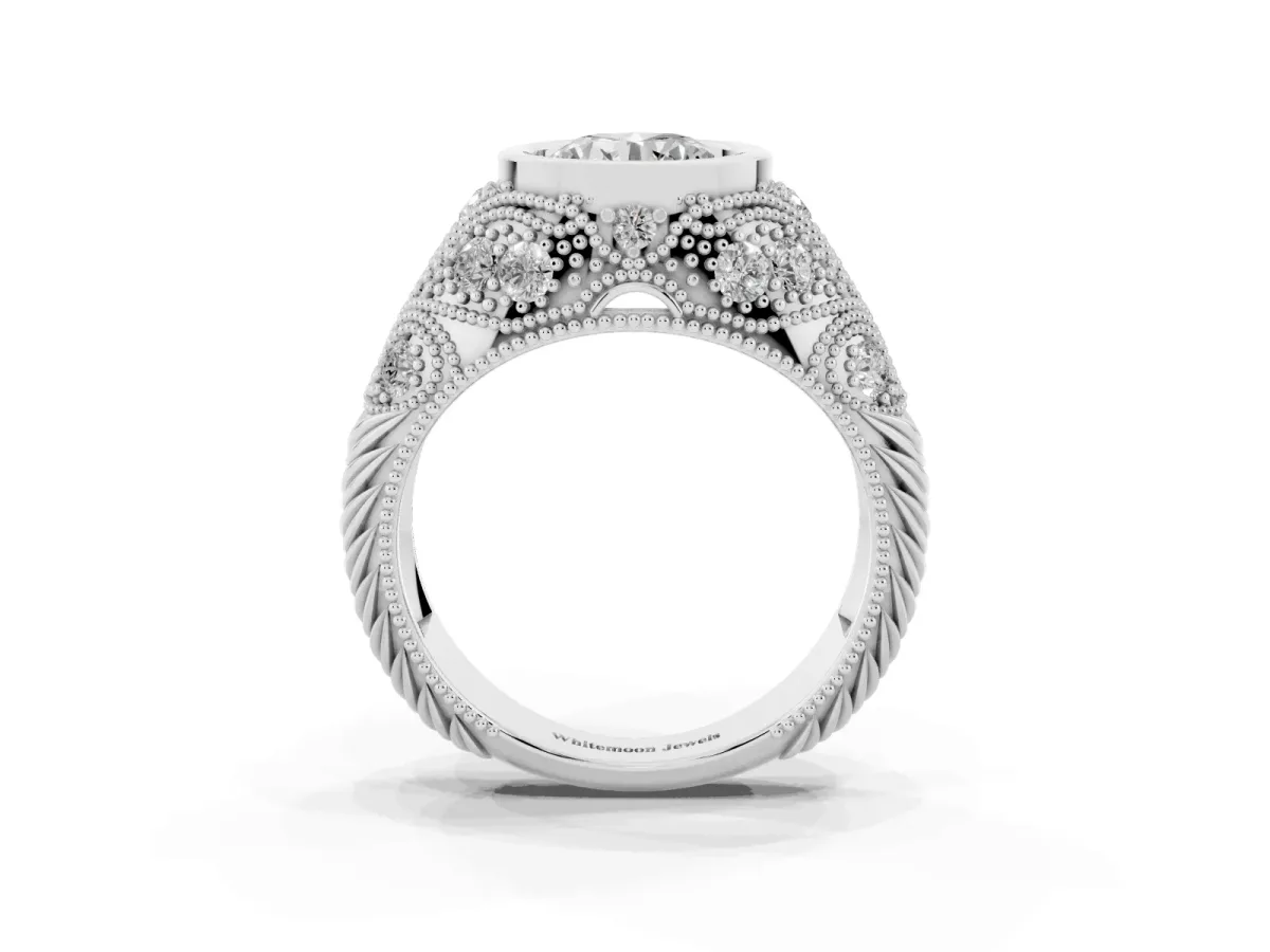 Bezel Set Round Cut Diamond Milgrain Band Ring Platinum