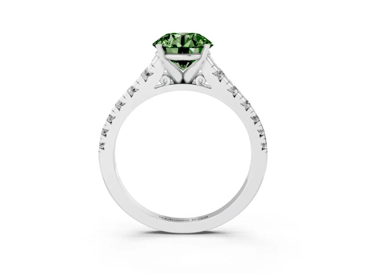 Fancy Green Round Cut Diamond Cathedral Solitaire Ring with Round Pavé Band Silver