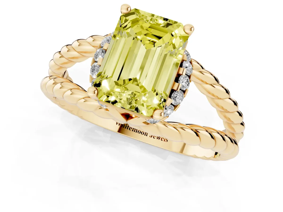 Fancy Yellow Emerald Cut Halo Twisted Band Four-Prong Ring Yellow gold