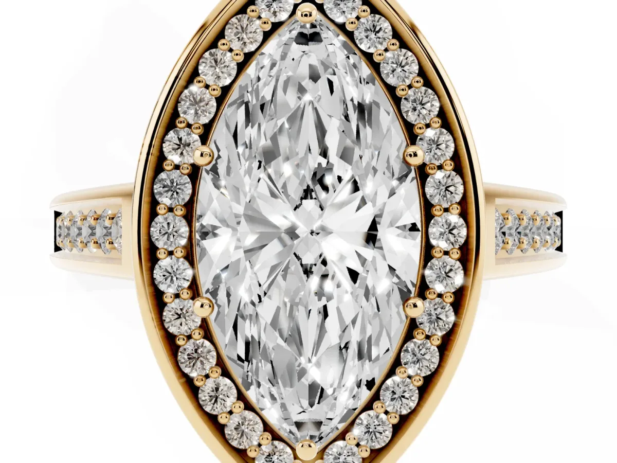 Marquise Cut Halo Solitaire Diamond Ring with Pave Band and Bezel Setting Yellow gold