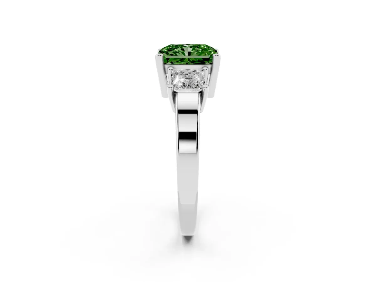 Fancy Green Three-Stone Radiant Cut Cut Solitaire Ring with Prong Setting Silver