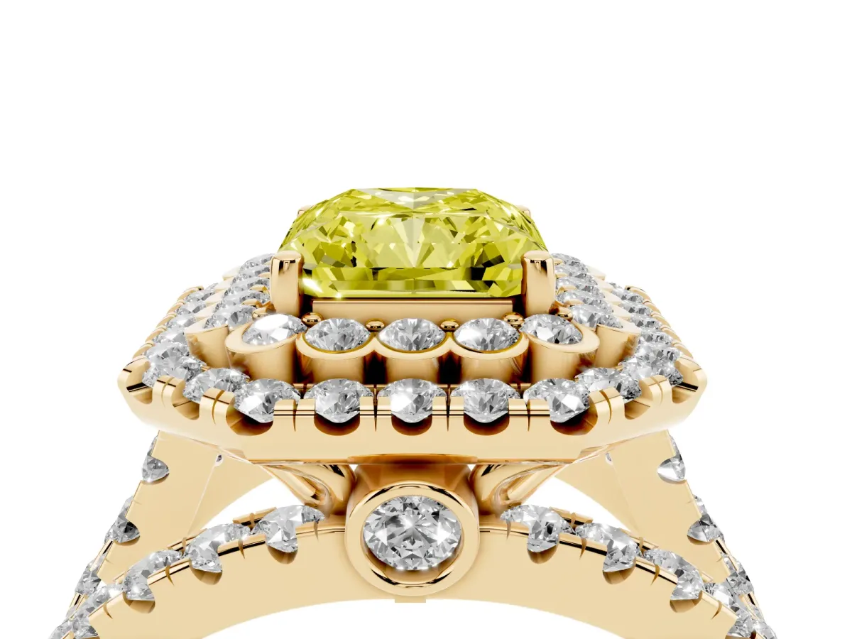 Fancy Yellow Radiant Cut Diamond Double Halo Ring with Round Pavé Split Shank and Prong Setting Yellow gold
