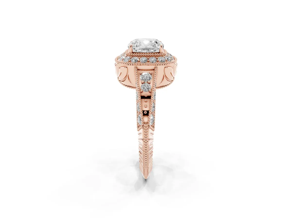 Cushion Cut Halo Diamond Split Shank Ring with Milgrain Detail Rose gold